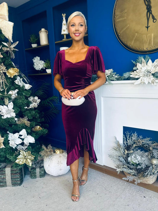 Leona Square Neck Frill Midi Dress Wine Velvet