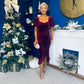Leona Square Neck Frill Midi Dress Wine Velvet
