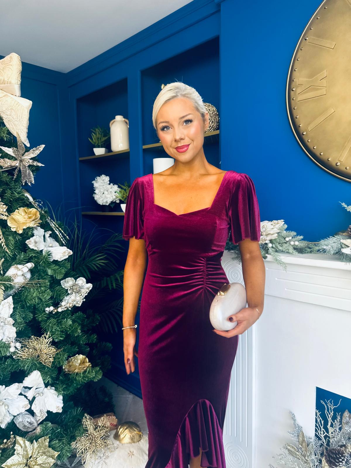Leona Square Neck Frill Midi Dress Wine Velvet