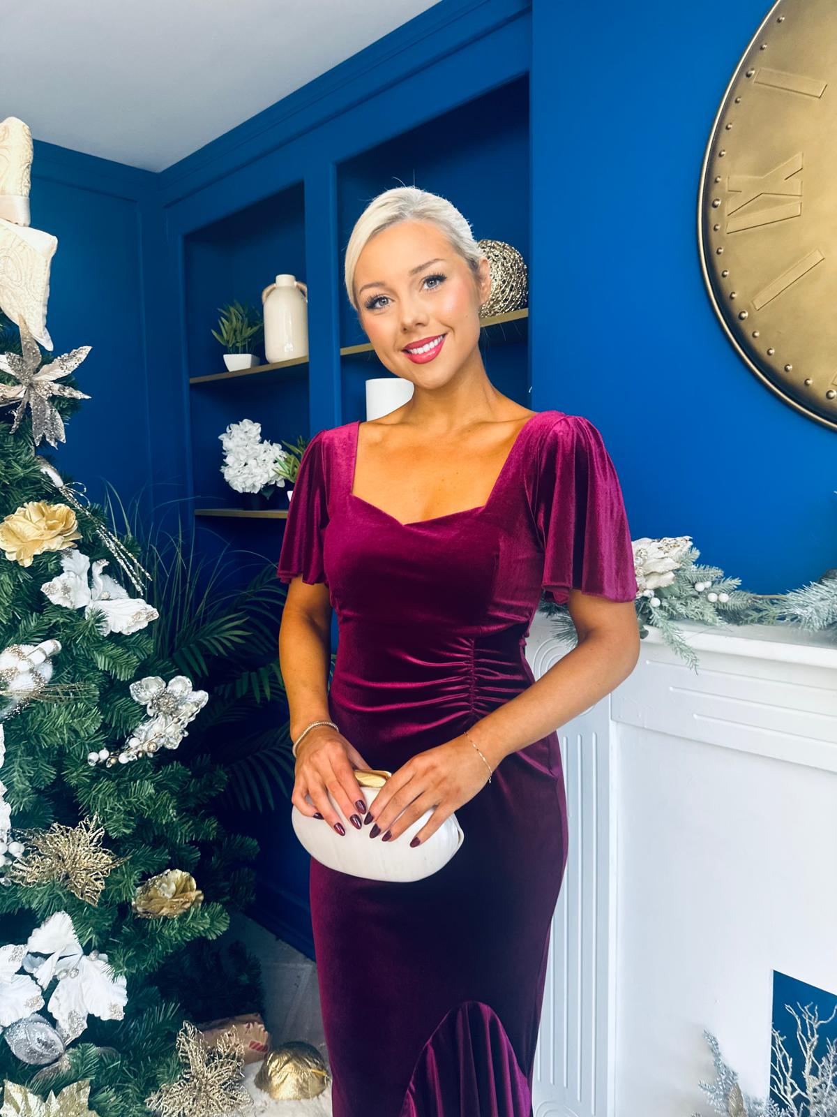 Leona Square Neck Frill Midi Dress Wine Velvet