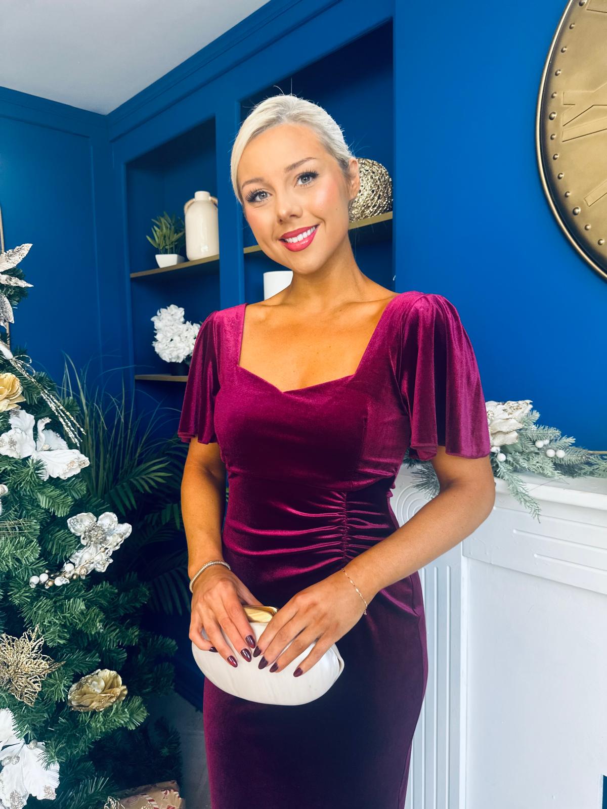 Leona Square Neck Frill Midi Dress Wine Velvet