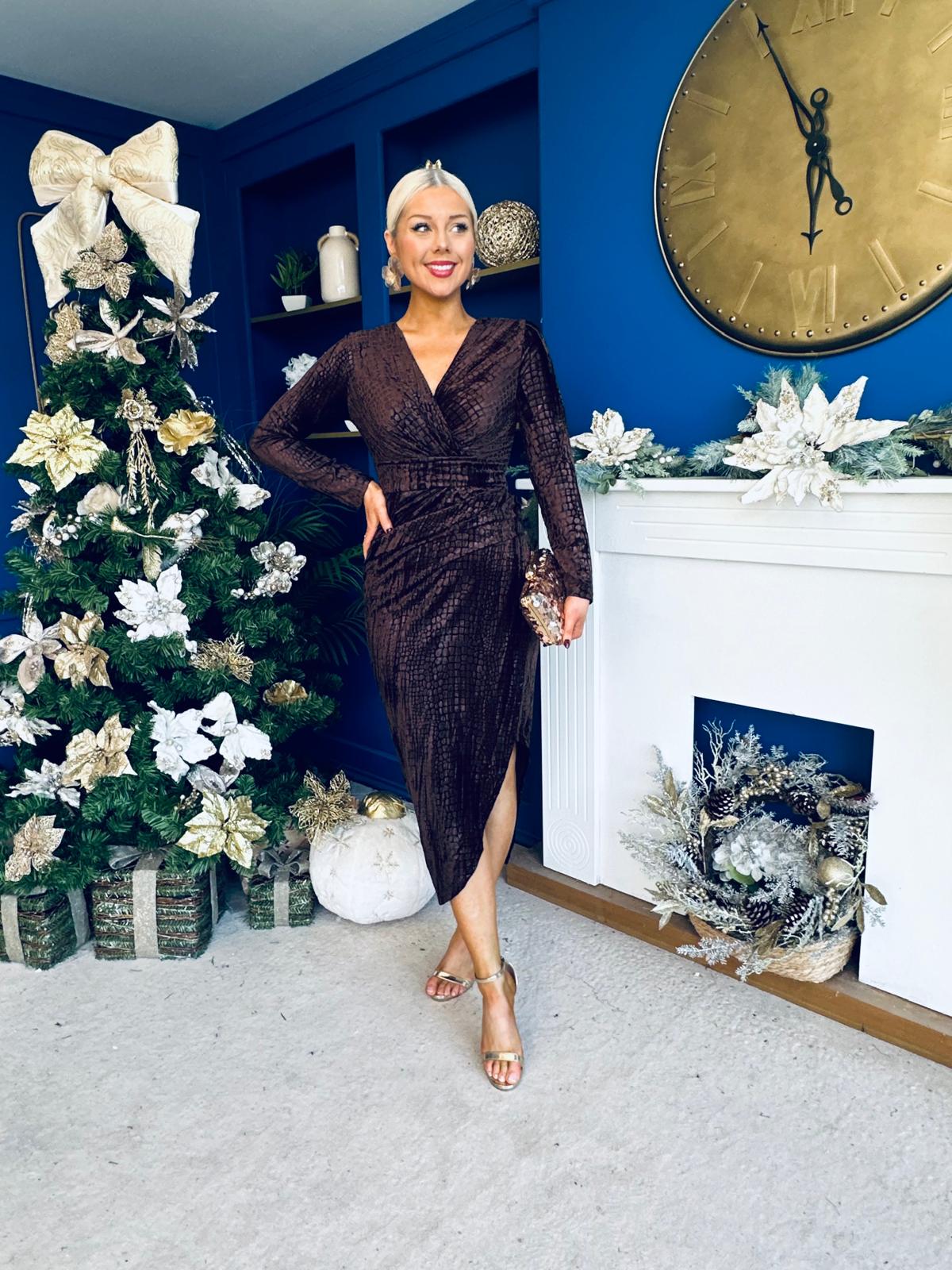Faith Textured Velour Midi Dress Coffee