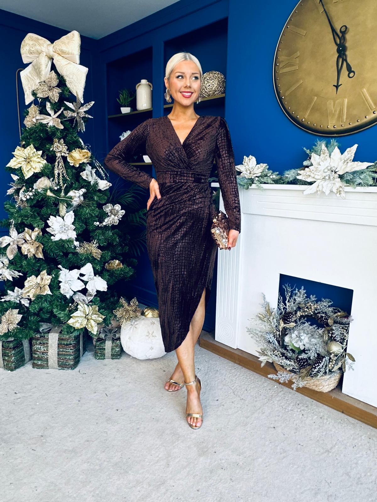 Faith Textured Velour Midi Dress Coffee