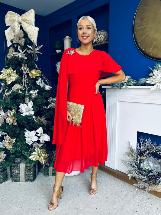 Caoimhe Cape Detail Midi Dress Red