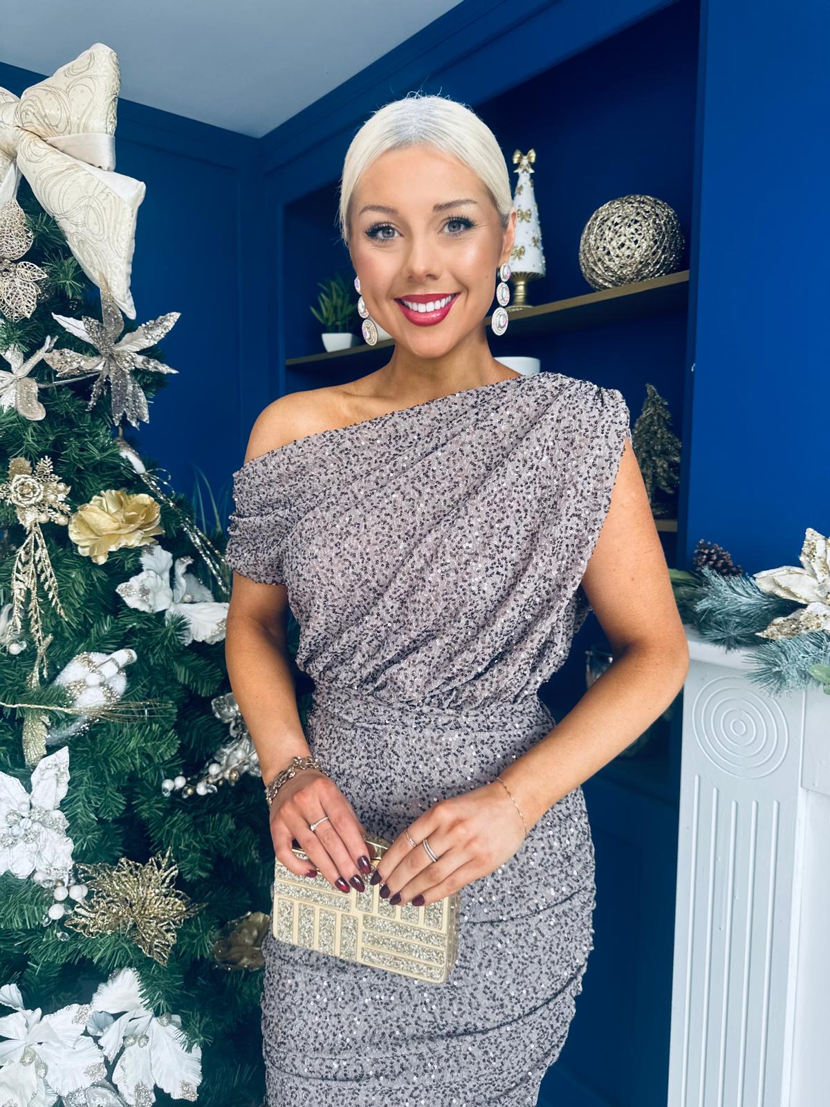 Tara One Shoulder Sequin Dress Taupe