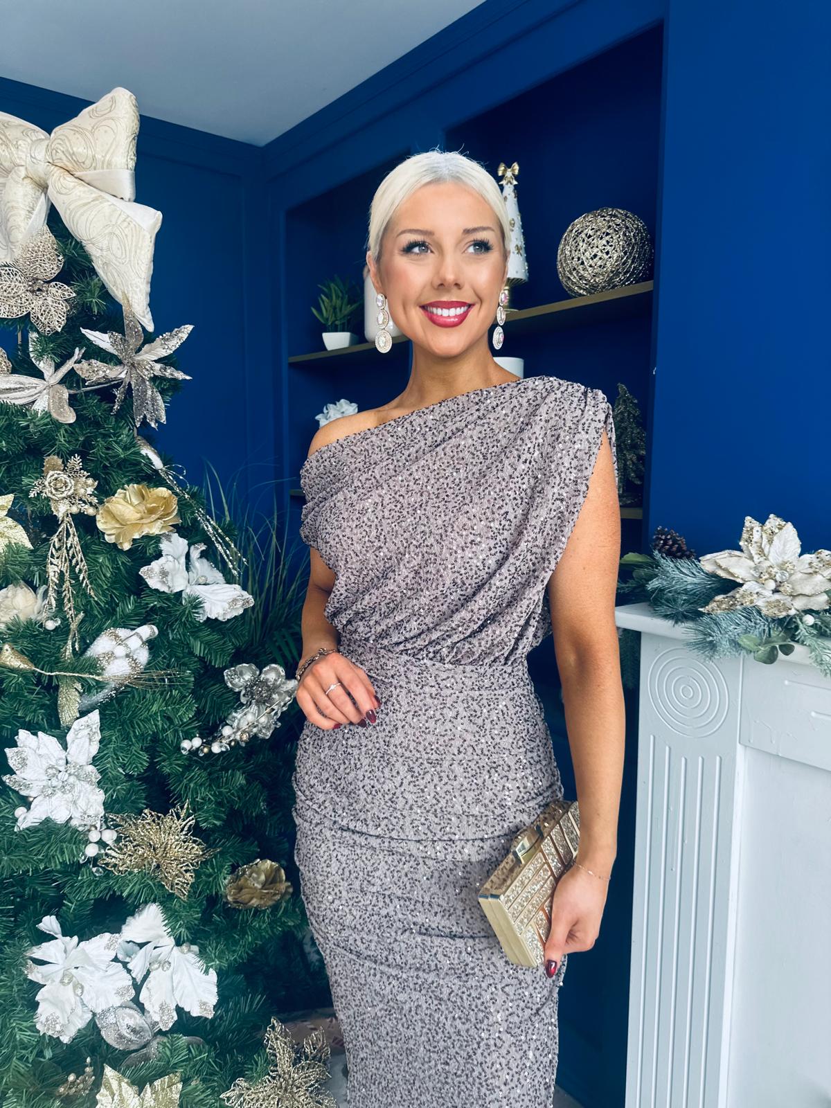 Tara One Shoulder Sequin Dress Taupe