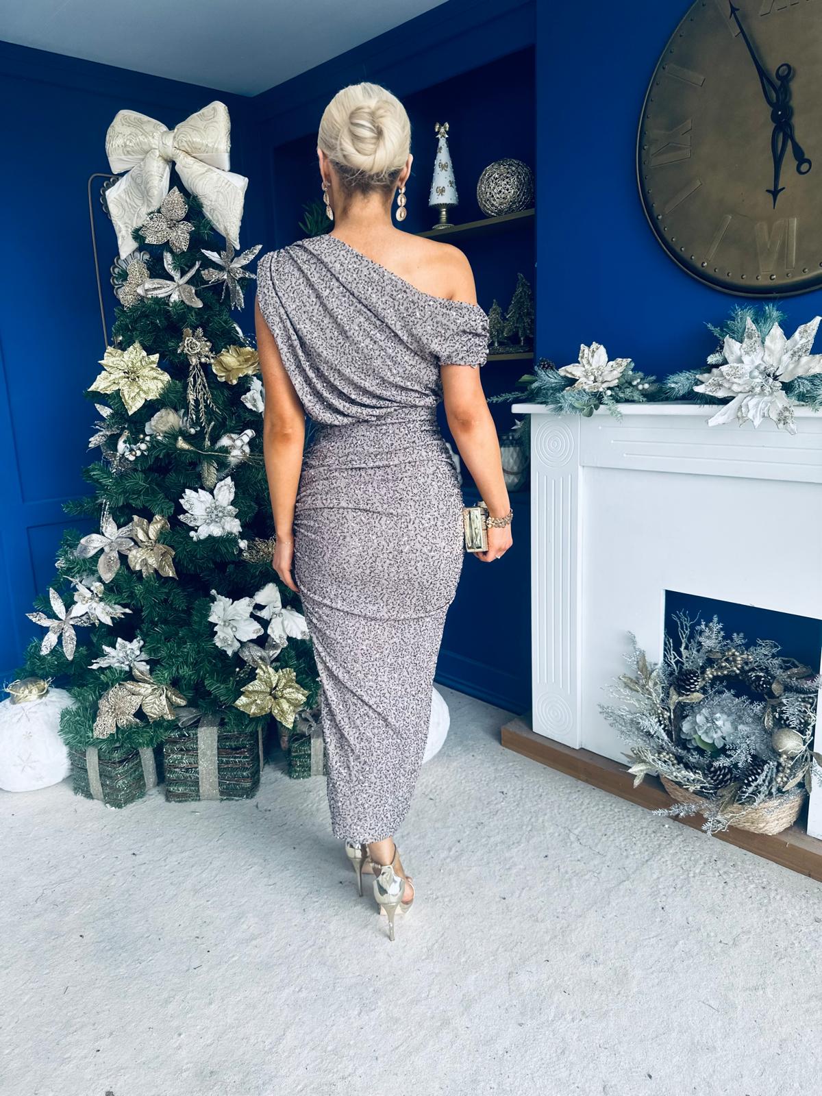 Tara One Shoulder Sequin Dress Taupe