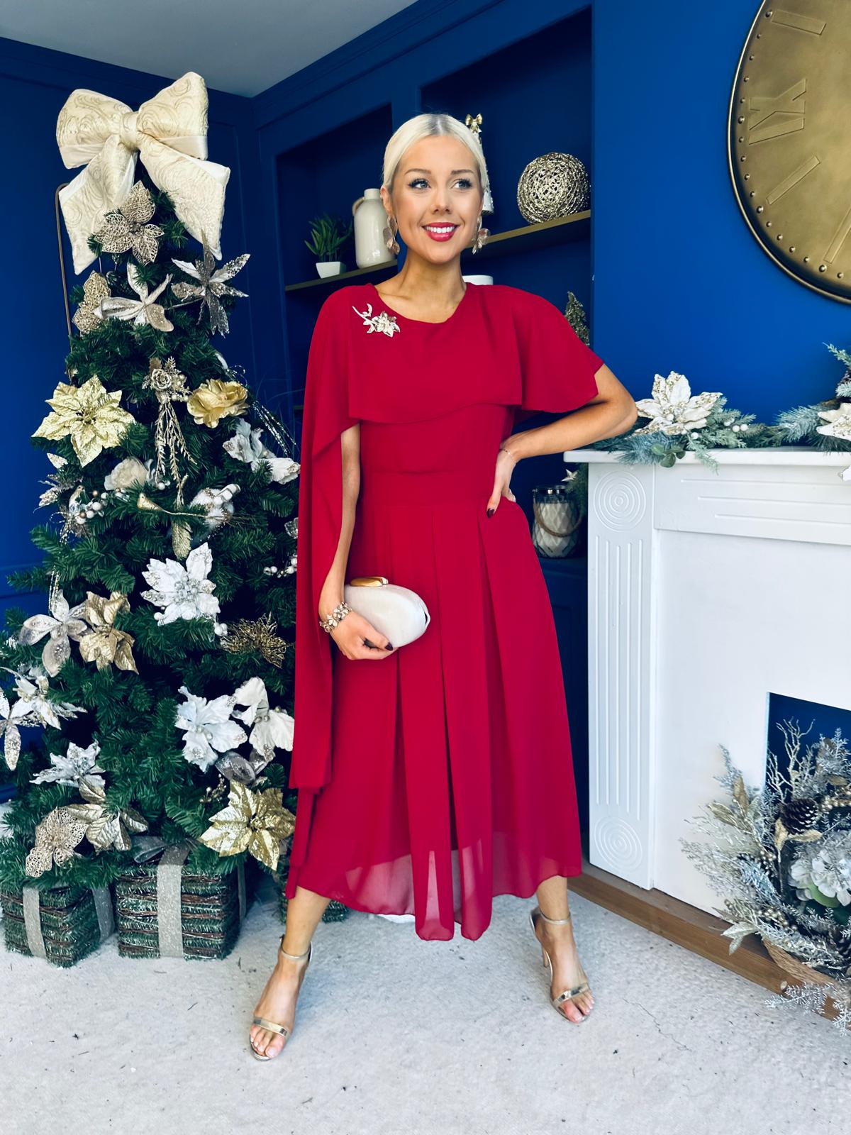 Caoimhe Cape Detail Midi Dress Ruby