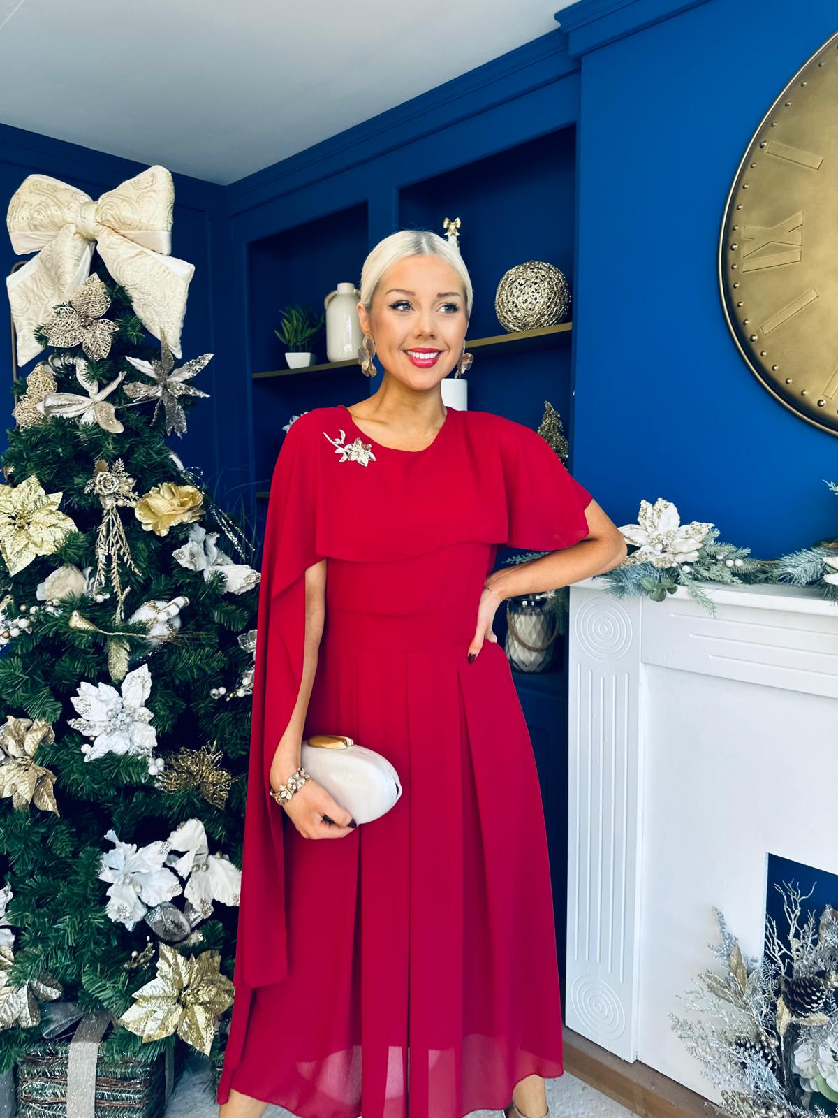 Caoimhe Cape Detail Midi Dress Ruby