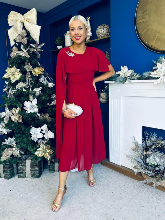 Caoimhe Cape Detail Midi Dress Ruby