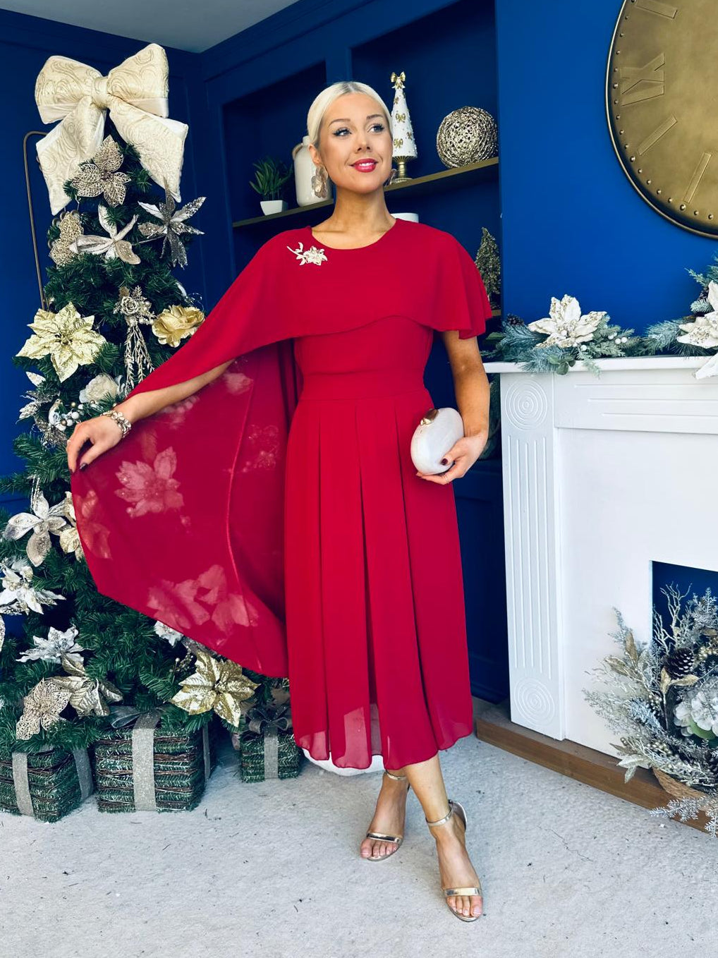 Caoimhe Cape Detail Midi Dress Ruby