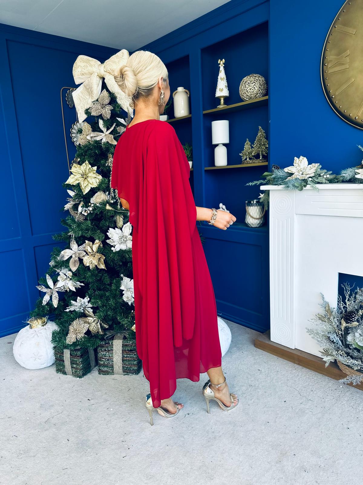 Caoimhe Cape Detail Midi Dress Ruby