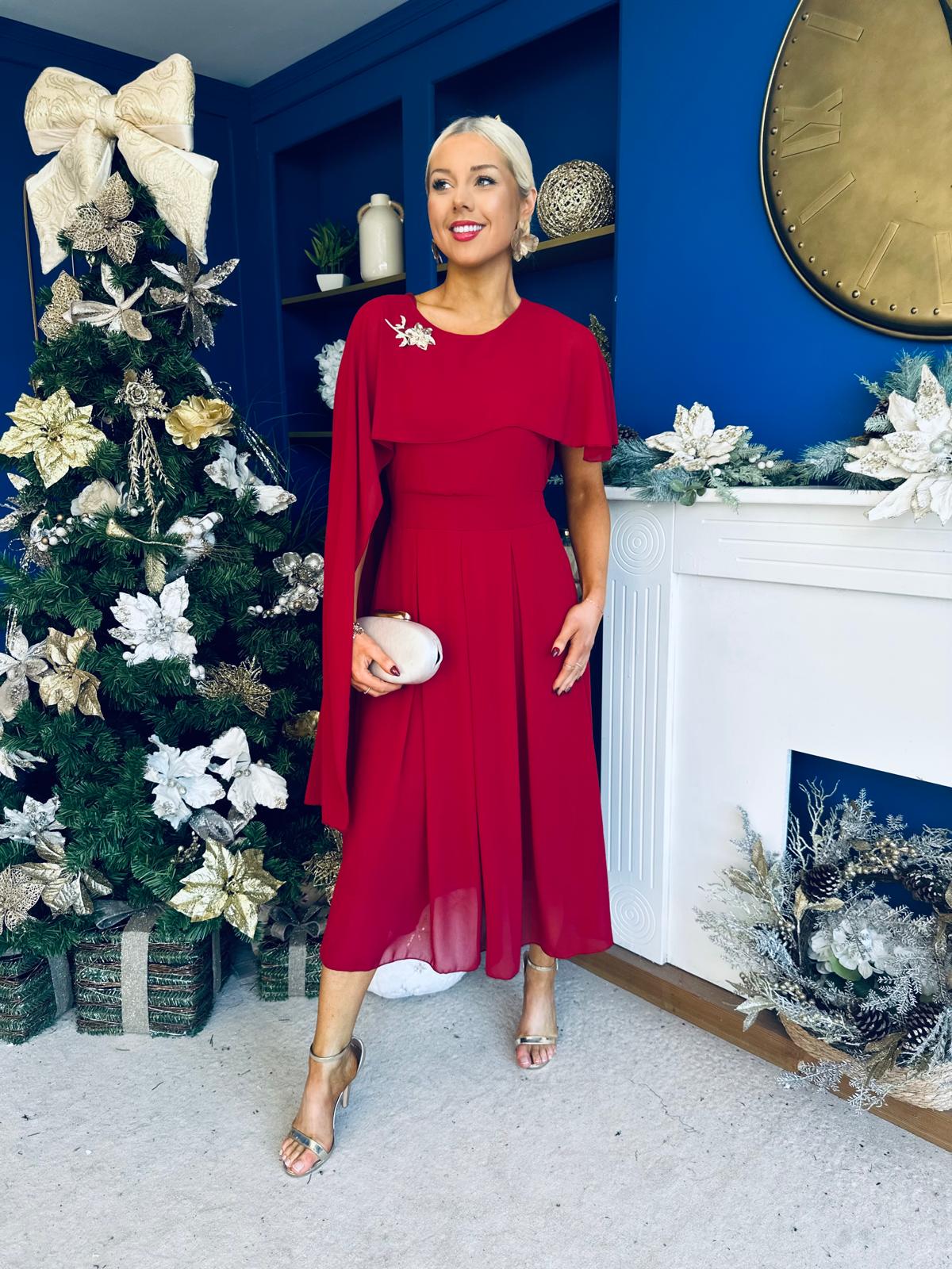 Caoimhe Cape Detail Midi Dress Ruby