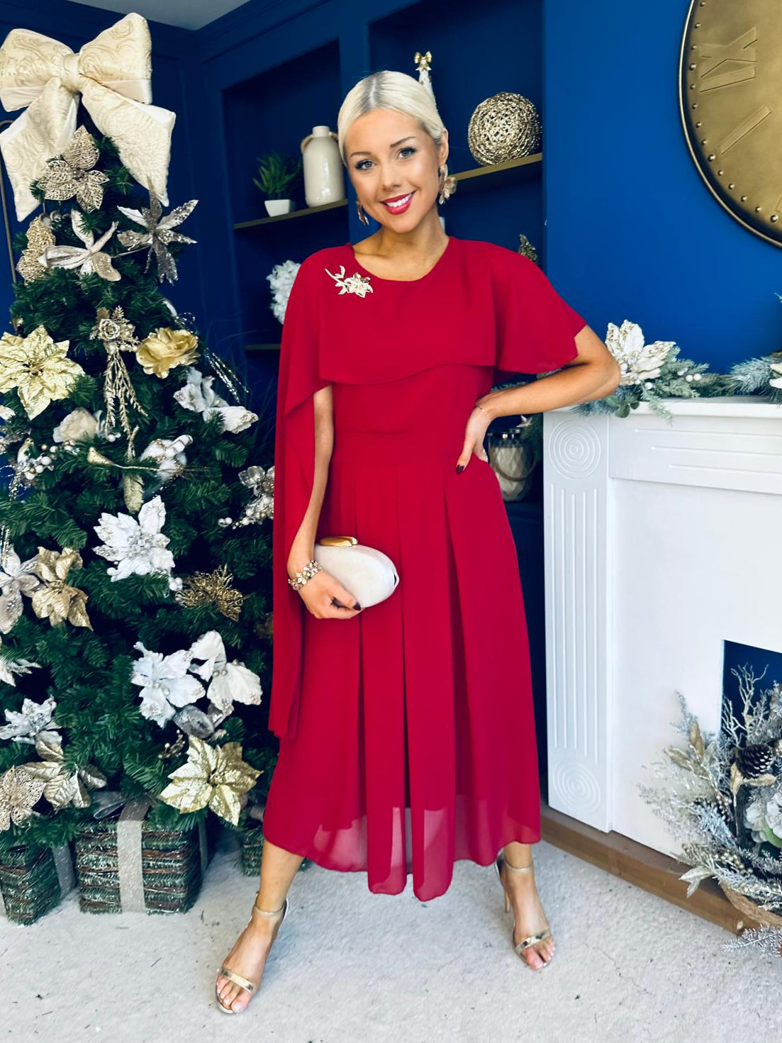 Caoimhe Cape Detail Midi Dress Ruby