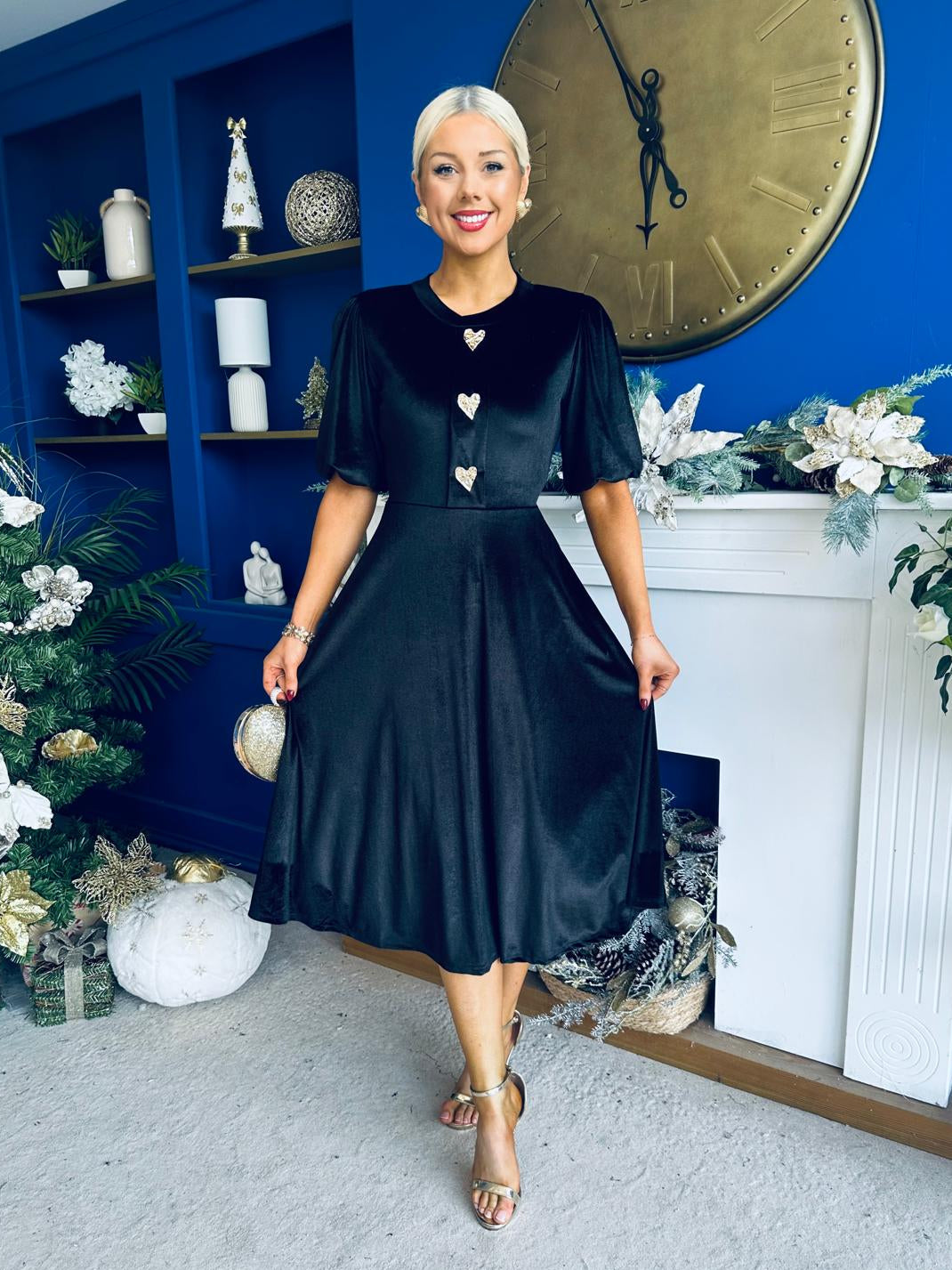 Colette Puff Sleeve Gold Detail Velvet Dress Black