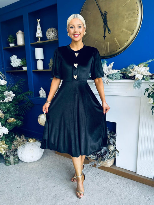 Colette Puff Sleeve Gold Detail Velvet Dress Black