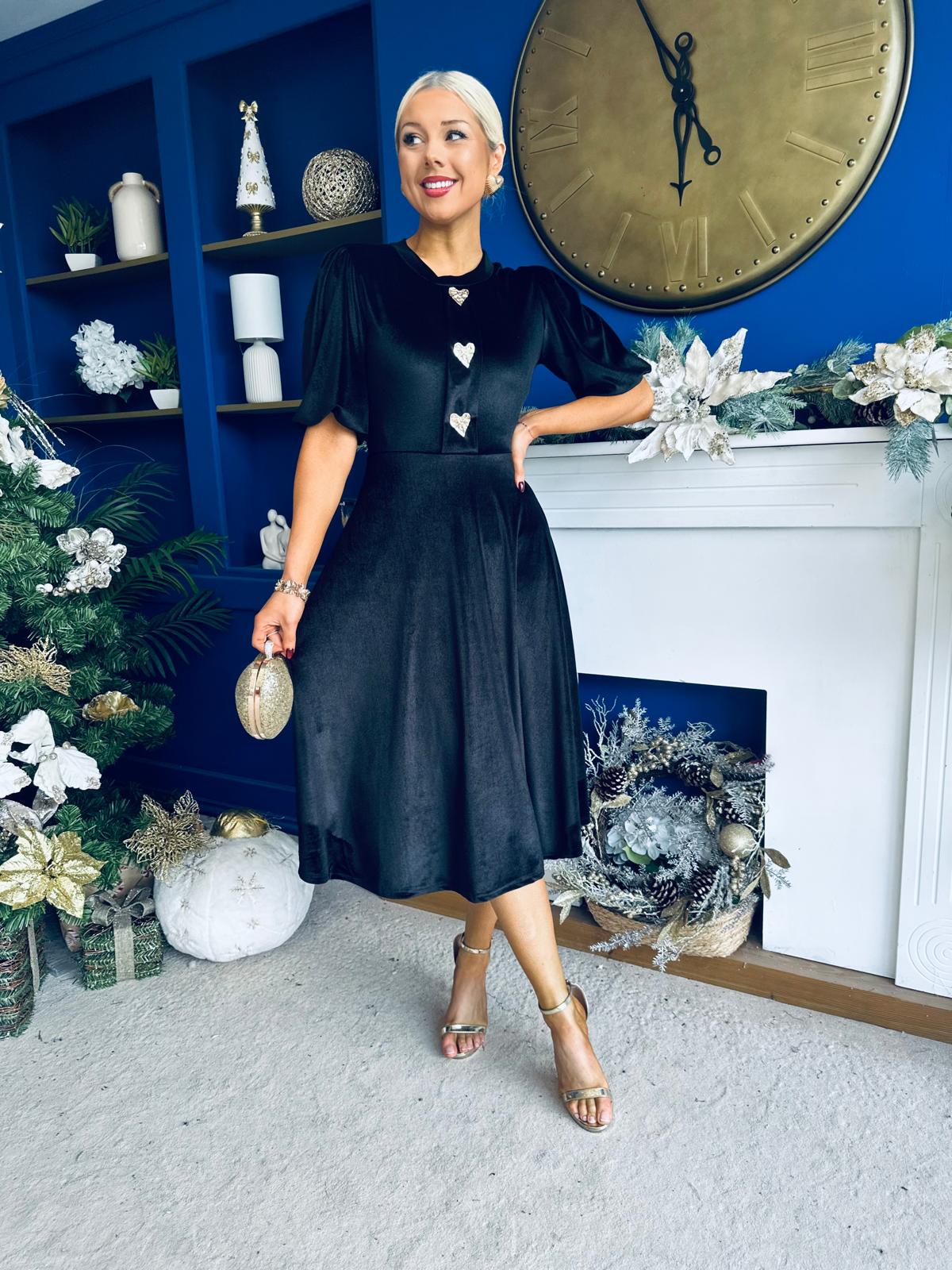 Colette Puff Sleeve Gold Detail Velvet Dress Black