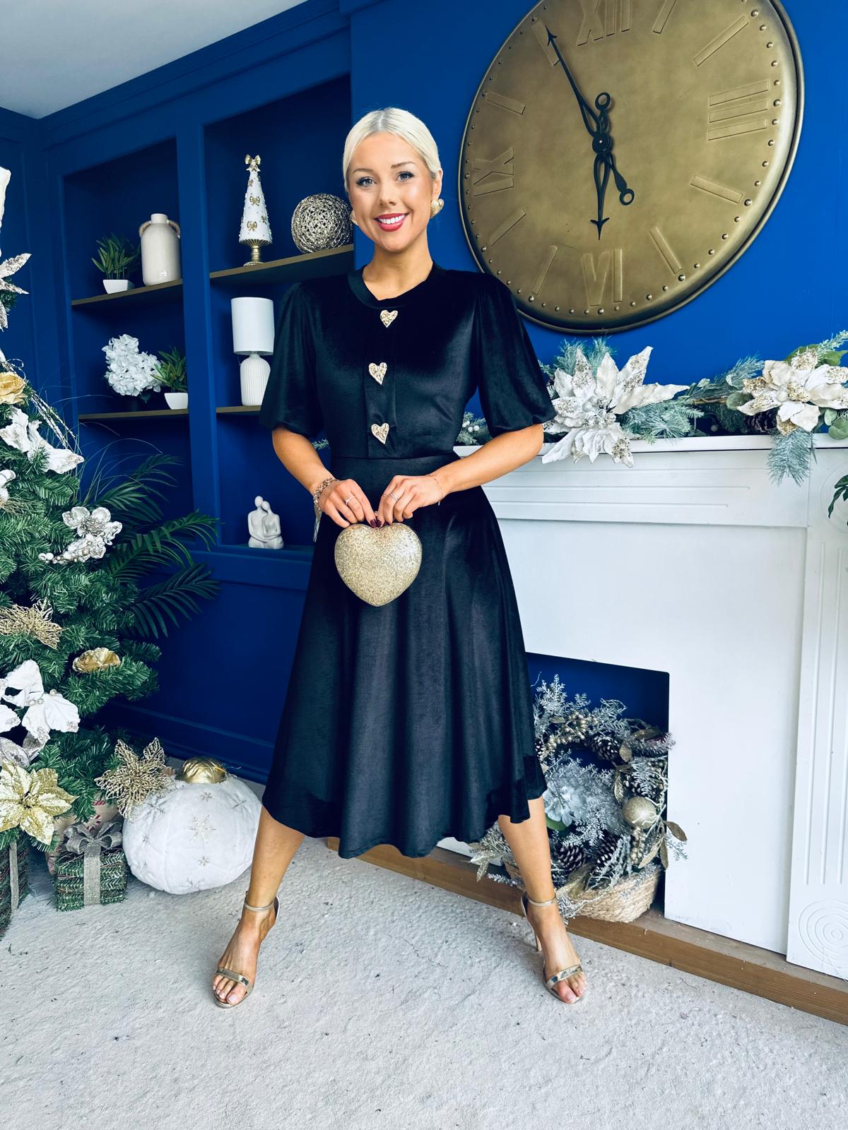 Colette Puff Sleeve Gold Detail Velvet Dress Black