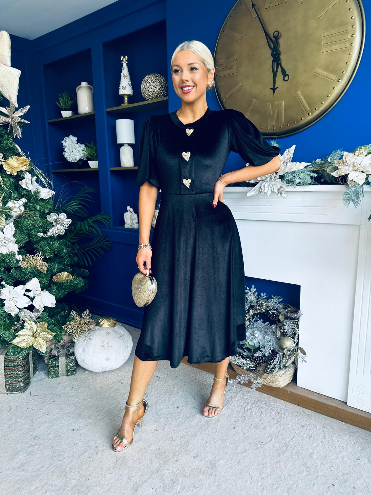 Colette Puff Sleeve Gold Detail Velvet Dress Black