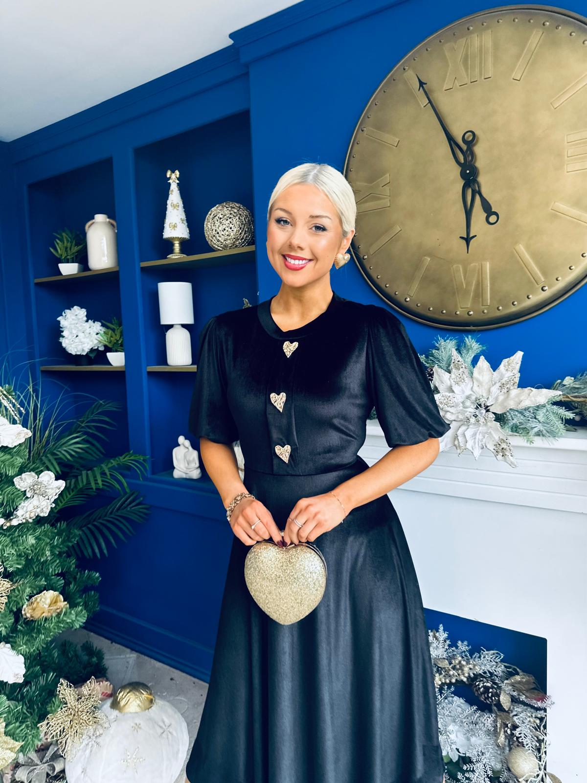 Colette Puff Sleeve Gold Detail Velvet Dress Black
