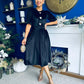 Colette Puff Sleeve Gold Detail Velvet Dress Black