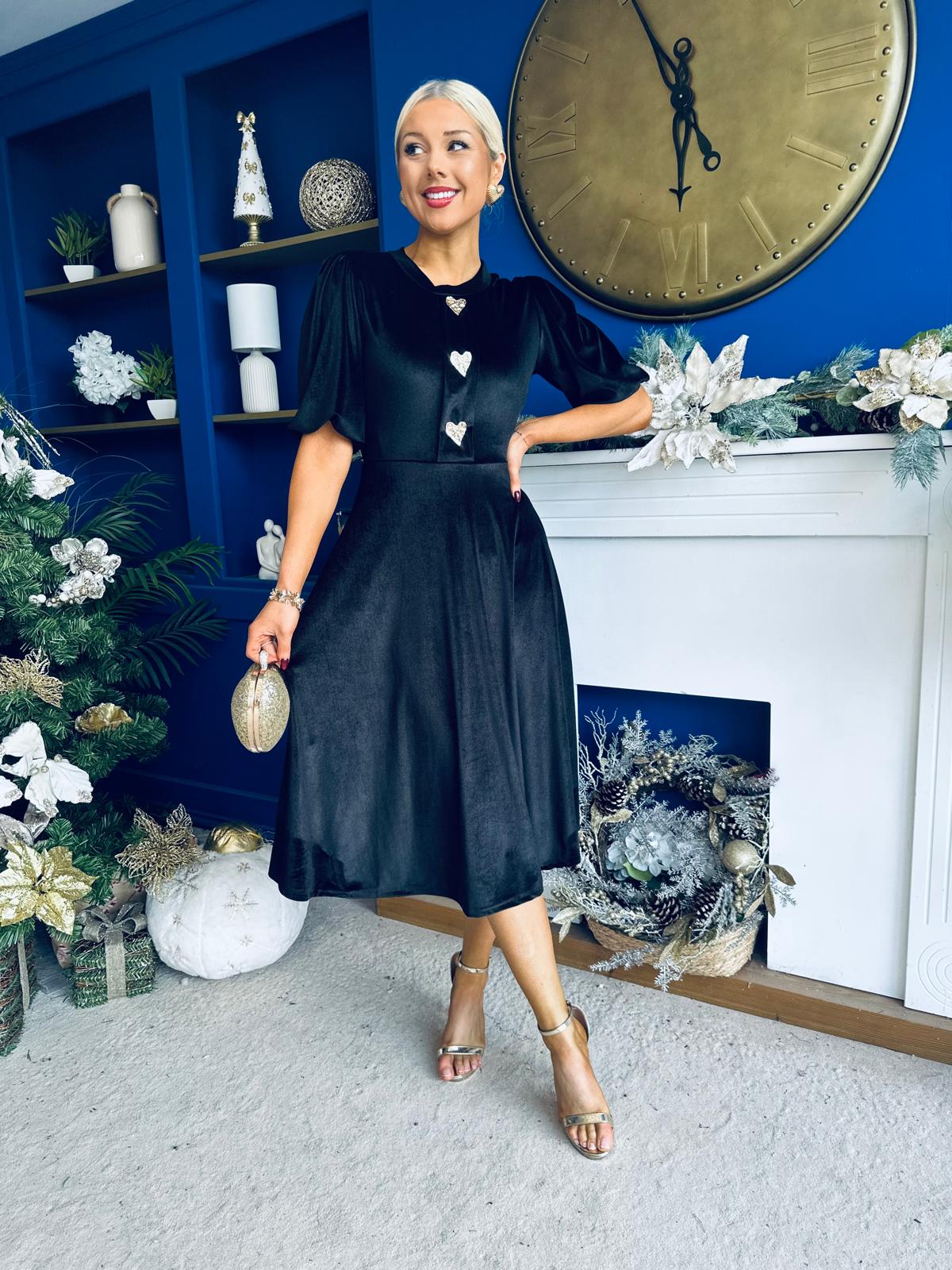 Colette Puff Sleeve Gold Detail Velvet Dress Black