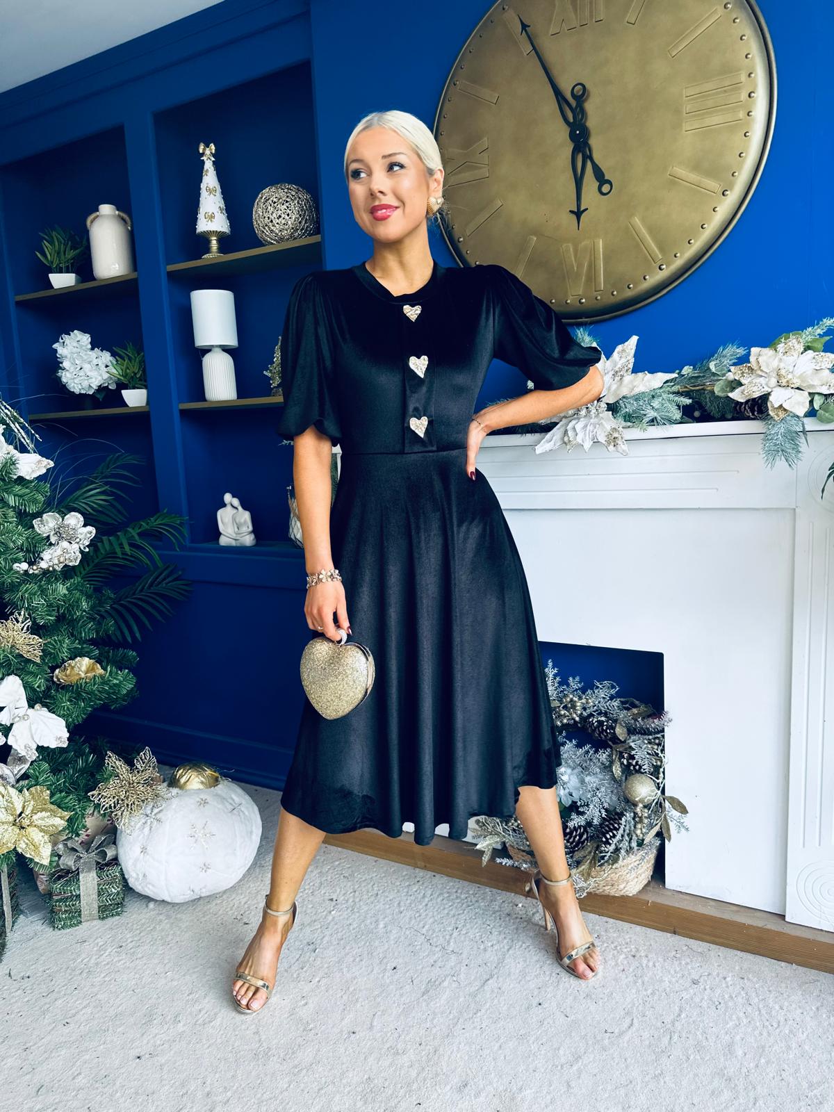 Colette Puff Sleeve Gold Detail Velvet Dress Black
