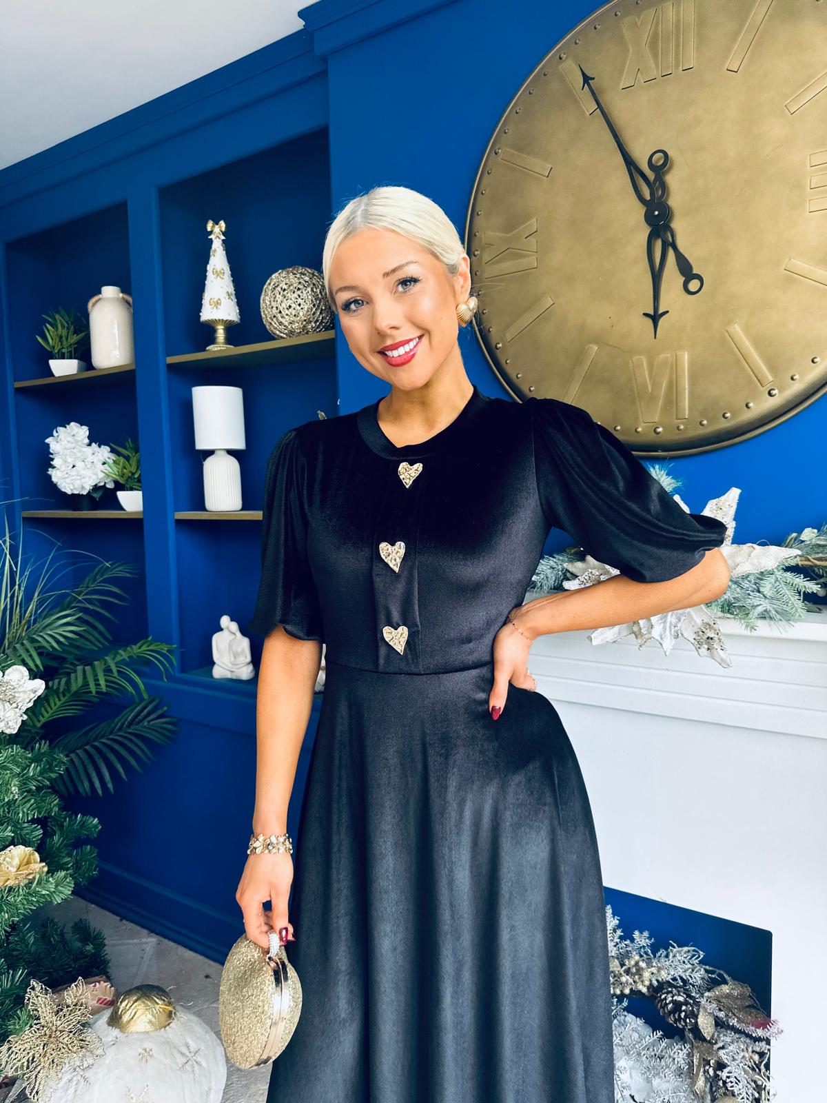 Colette Puff Sleeve Gold Detail Velvet Dress Black