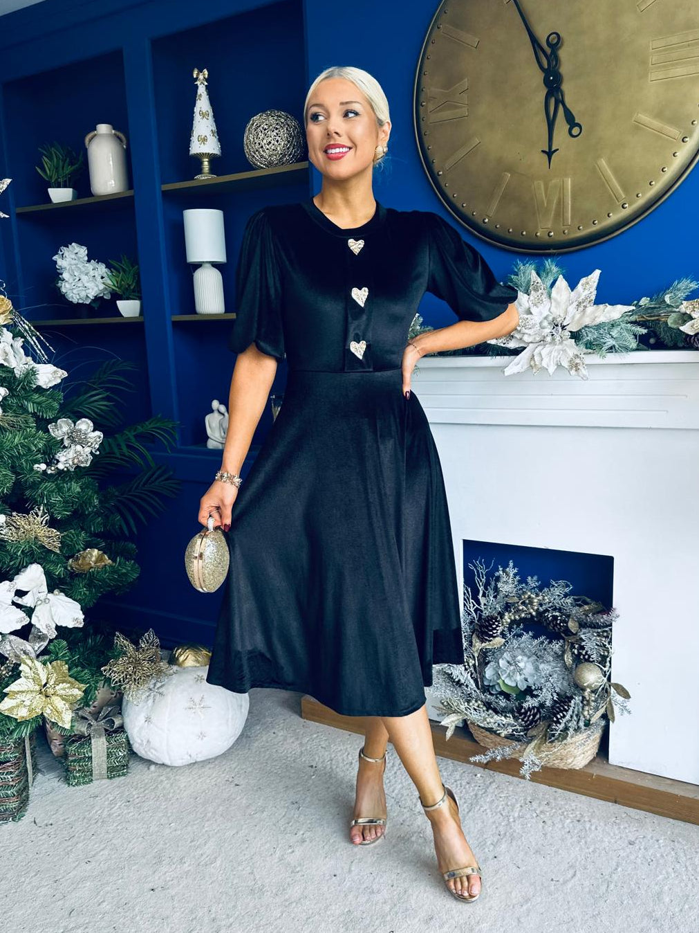 Colette Puff Sleeve Gold Detail Velvet Dress Black