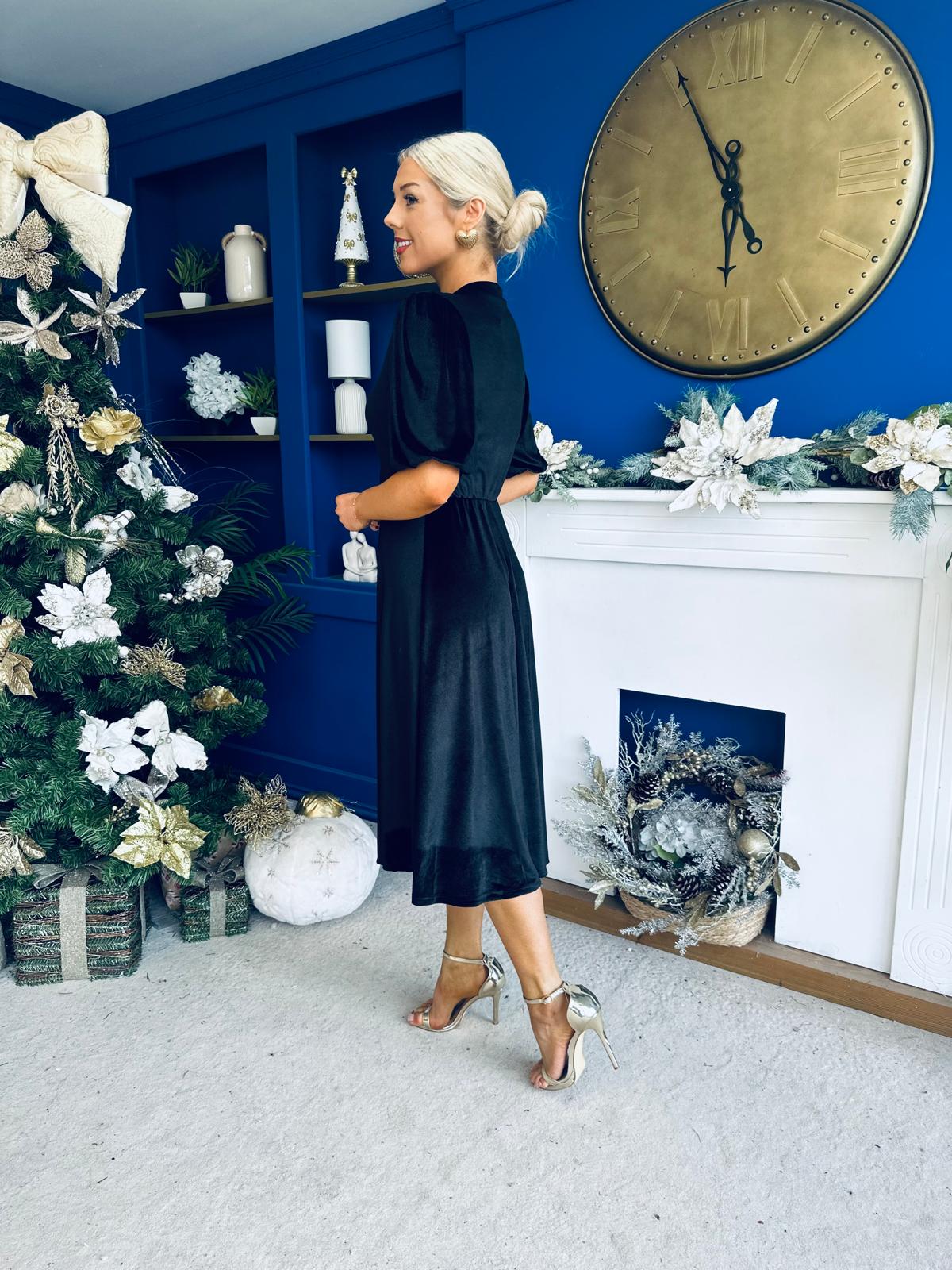 Colette Puff Sleeve Gold Detail Velvet Dress Black