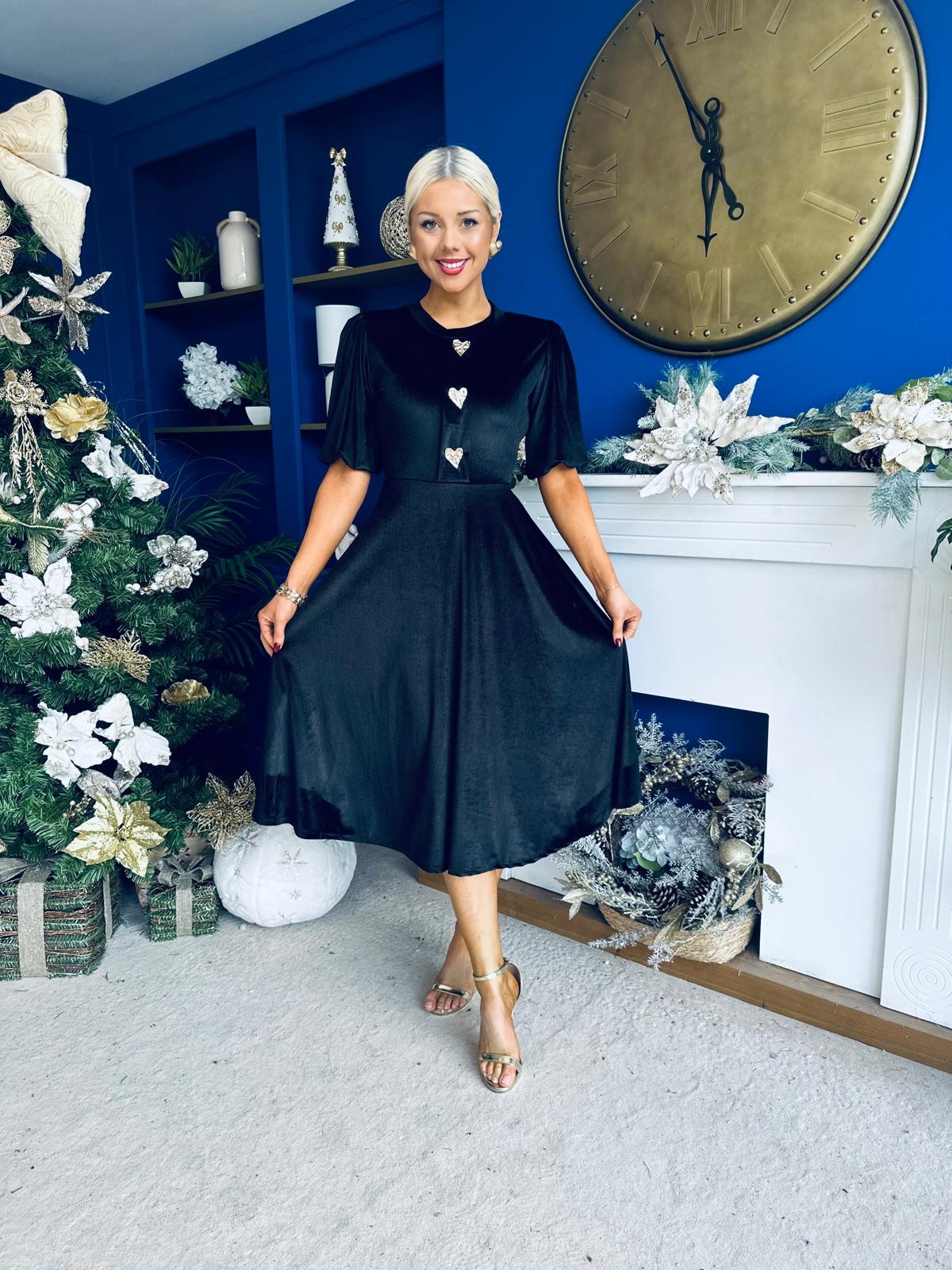 Colette Puff Sleeve Gold Detail Velvet Dress Black