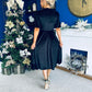 Colette Puff Sleeve Gold Detail Velvet Dress Black