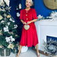 Colette Puff Sleeve Gold Detail Velvet Dress Red