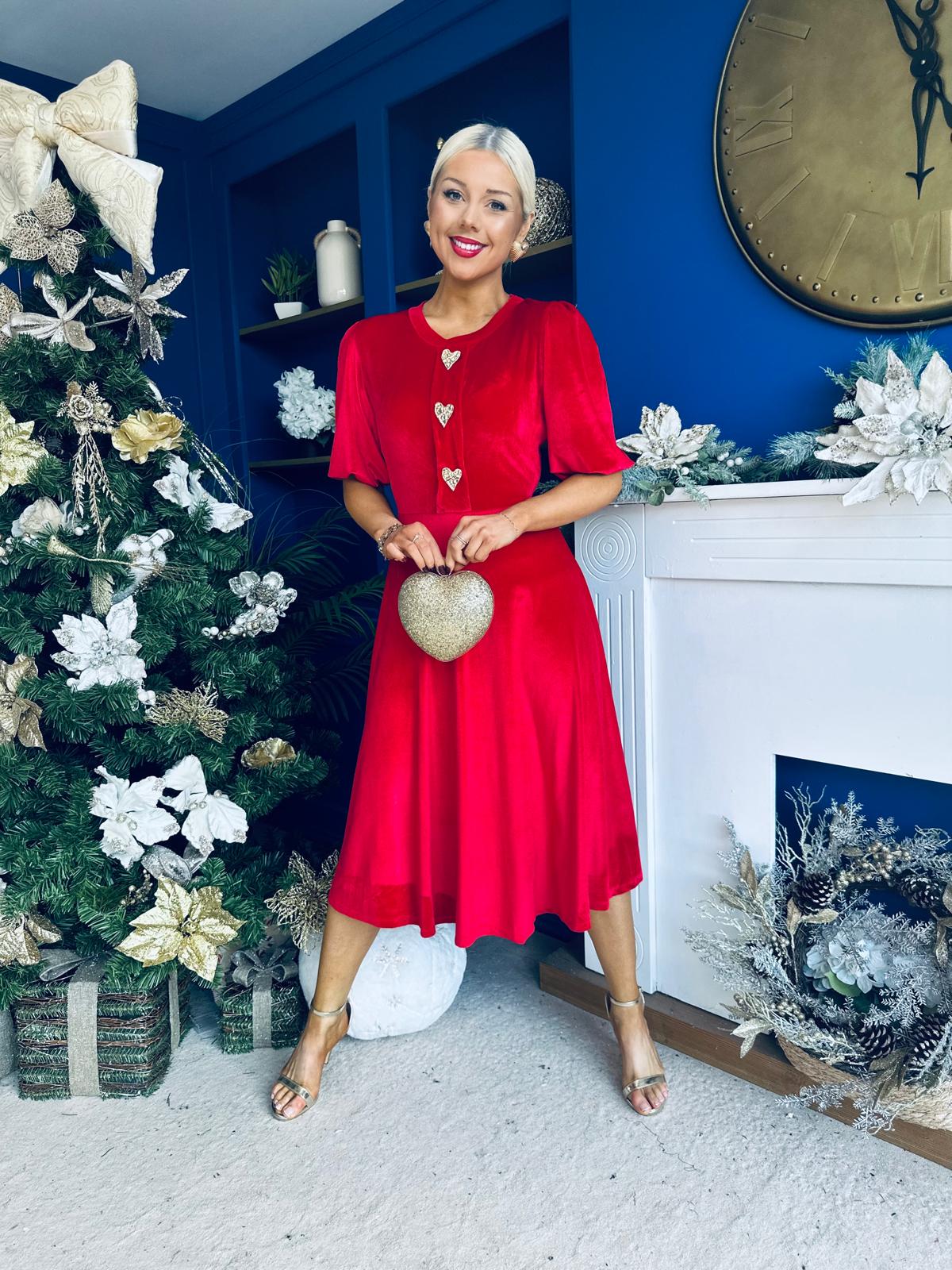 Colette Puff Sleeve Gold Detail Velvet Dress Red