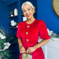Colette Puff Sleeve Gold Detail Velvet Dress Red