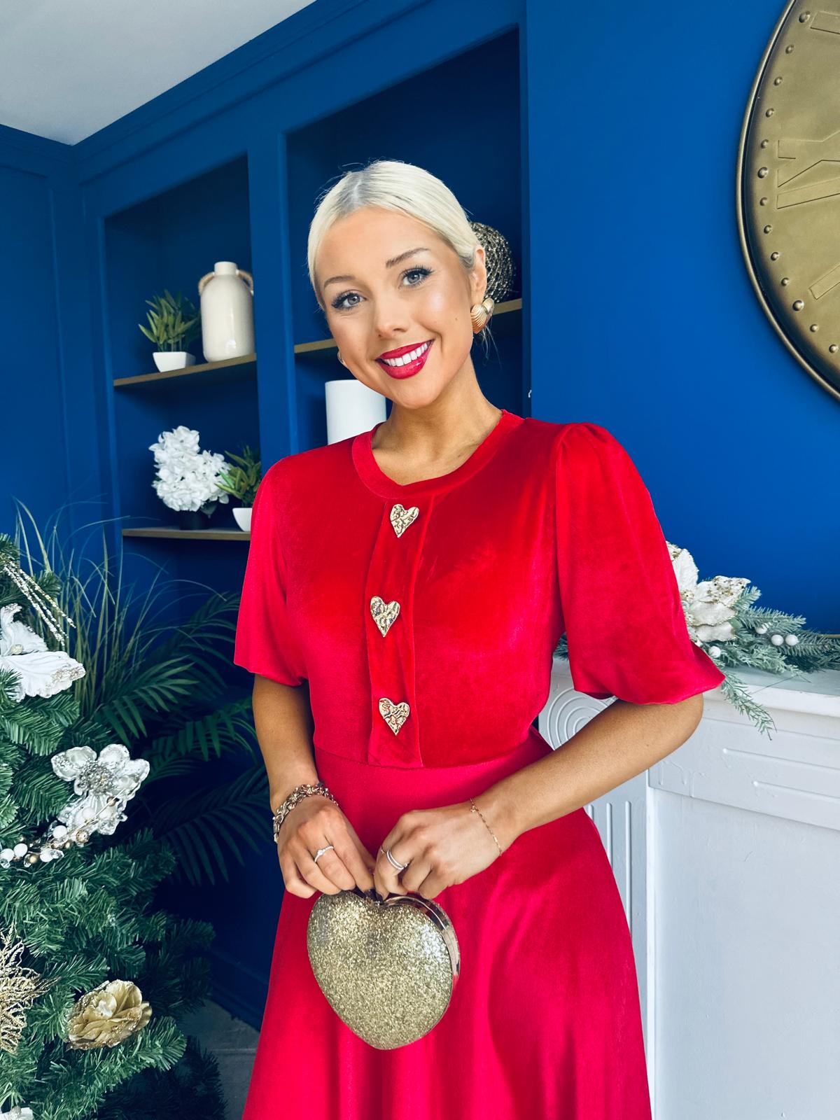Colette Puff Sleeve Gold Detail Velvet Dress Red
