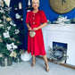 Colette Puff Sleeve Gold Detail Velvet Dress Red