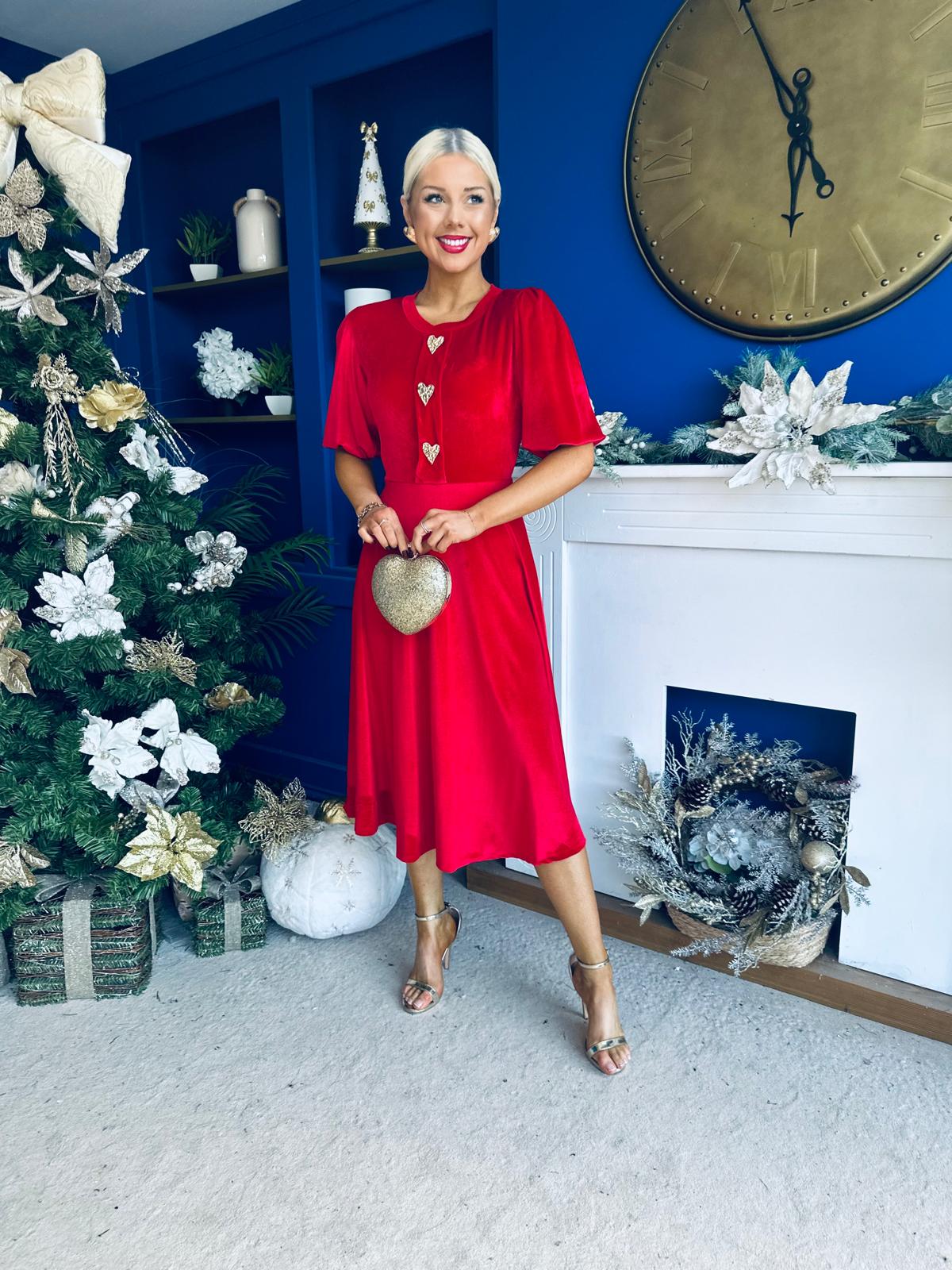 Colette Puff Sleeve Gold Detail Velvet Dress Red