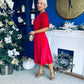 Colette Puff Sleeve Gold Detail Velvet Dress Red