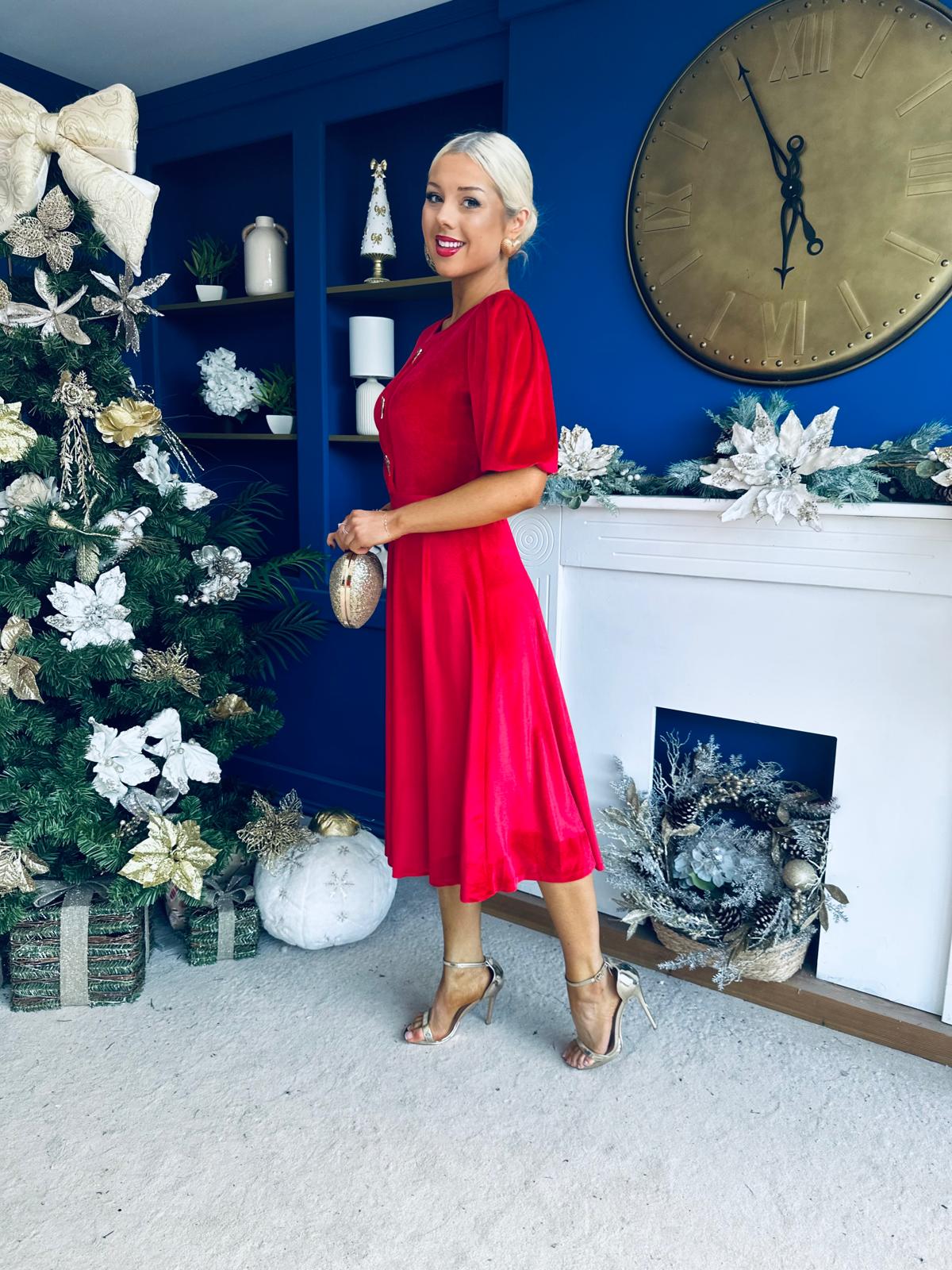 Colette Puff Sleeve Gold Detail Velvet Dress Red