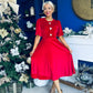 Colette Puff Sleeve Gold Detail Velvet Dress Red
