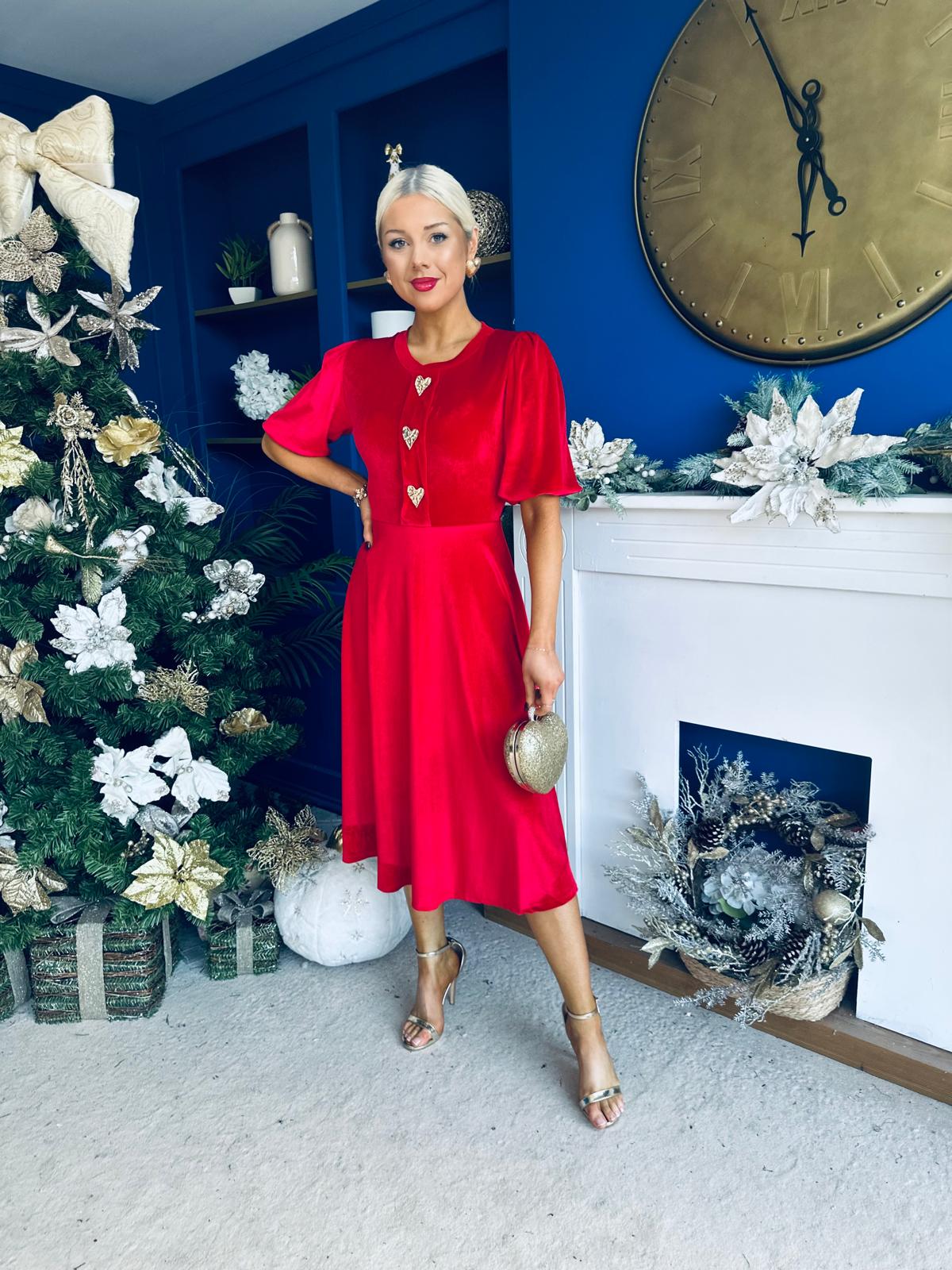 Colette Puff Sleeve Gold Detail Velvet Dress Red