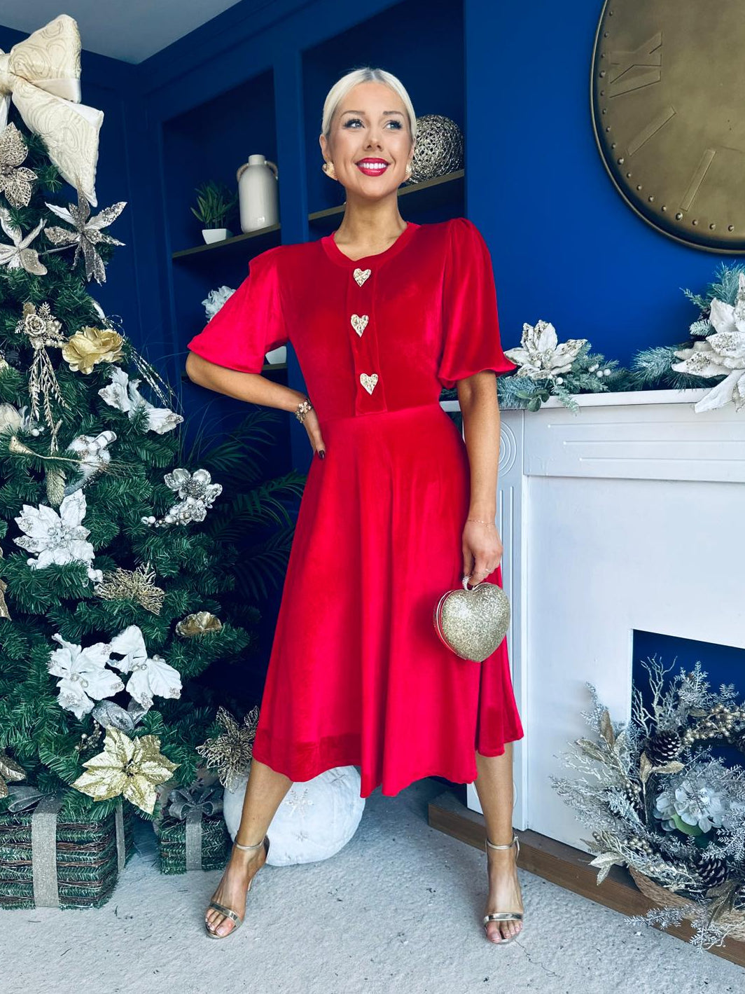 Colette Puff Sleeve Gold Detail Velvet Dress Red