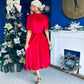 Colette Puff Sleeve Gold Detail Velvet Dress Red