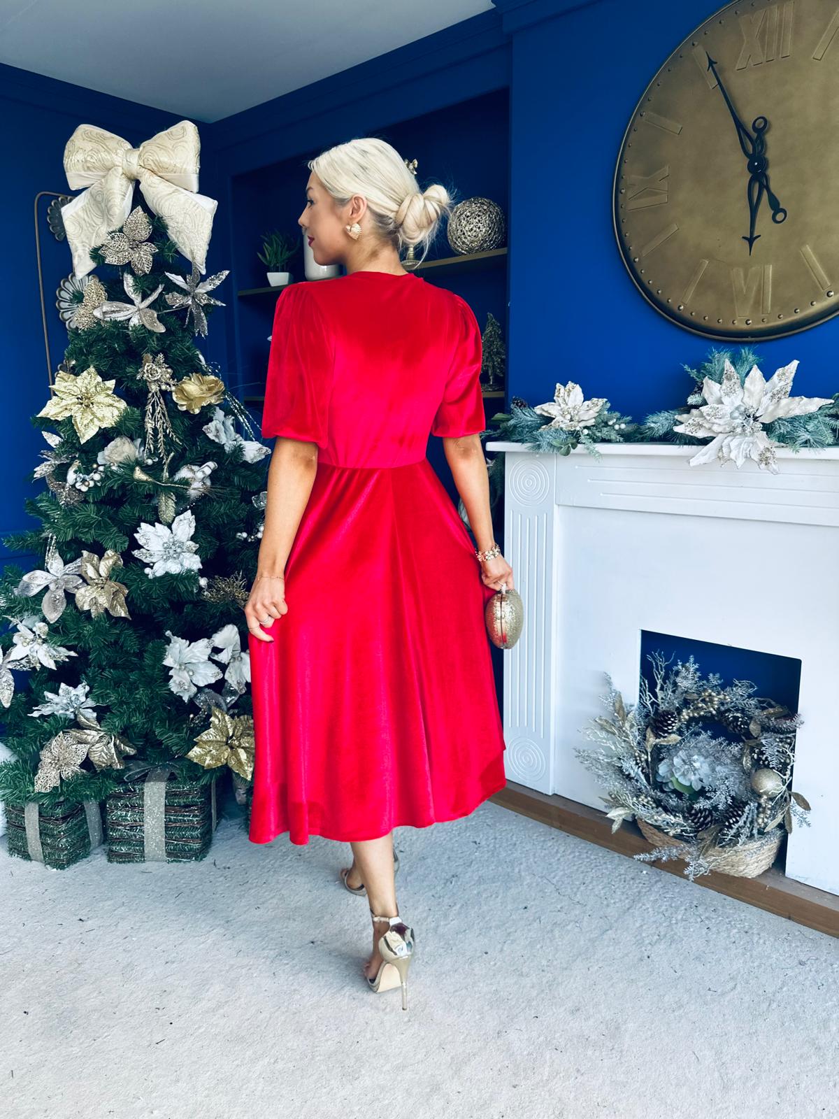 Colette Puff Sleeve Gold Detail Velvet Dress Red