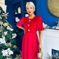 Colette Puff Sleeve Gold Detail Velvet Dress Red