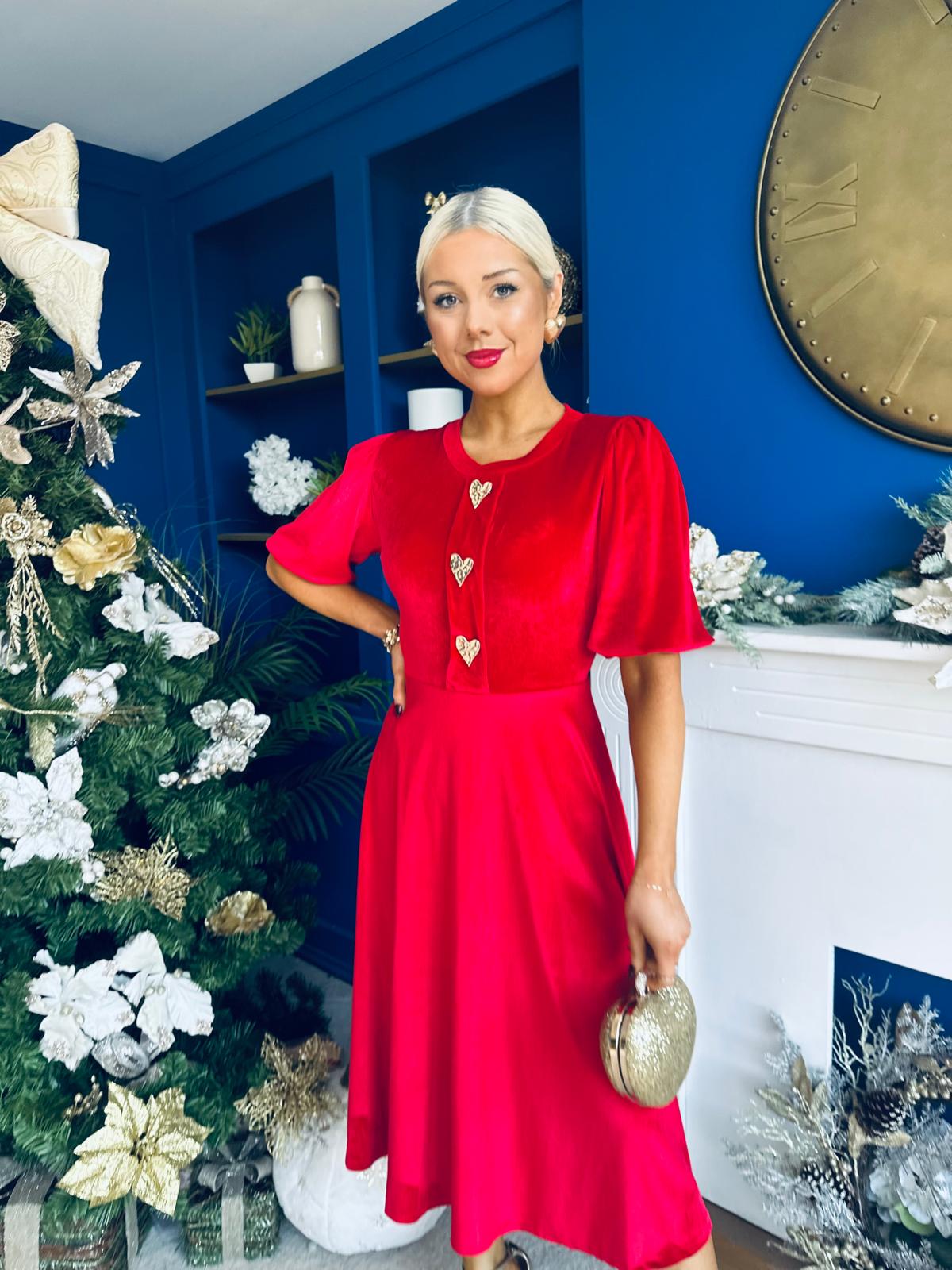 Colette Puff Sleeve Gold Detail Velvet Dress Red