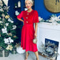 Colette Puff Sleeve Gold Detail Velvet Dress Red