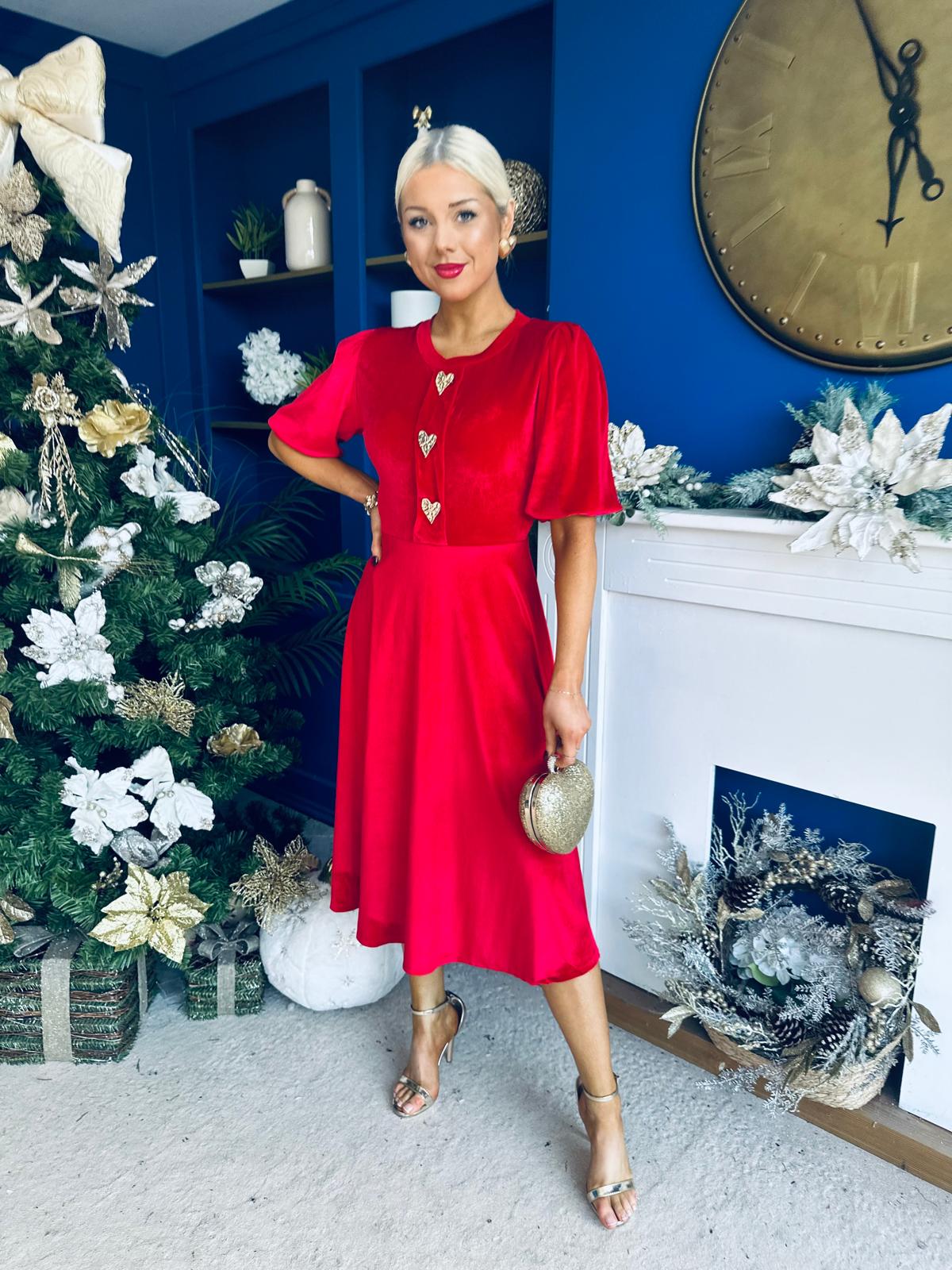 Colette Puff Sleeve Gold Detail Velvet Dress Red