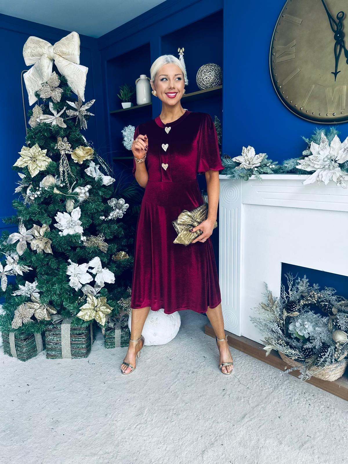 Colette Puff Sleeve Gold Detail Velvet Dress Burgundy